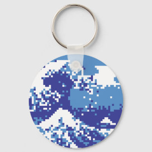 Pixel Tsunami Blue 8 Bit Pixel Art Keychain