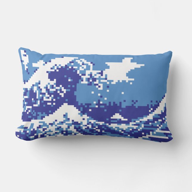 Pixel Tsunami Blue 8 Bit Pixel Art Lumbar Pillow (Front)