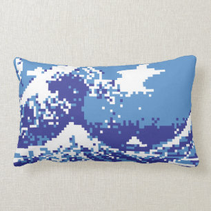 Pixel Tsunami Blue 8 Bit Pixel Art Lumbar Pillow