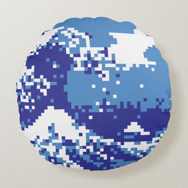 Pixel Tsunami Blue 8 Bit Pixel Art Round Pillow (Front)