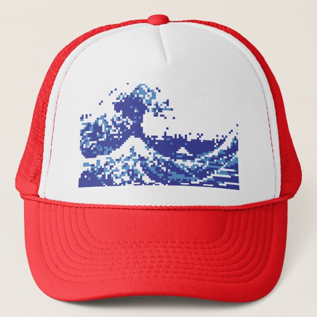 Pixel Tsunami Blue 8 Bit Pixel Art Trucker Hat (Front)