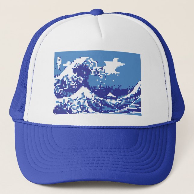 Pixel Tsunami Blue 8 Bit Pixel Art Trucker Hat (Front)