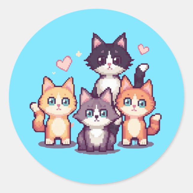 Pixelated Colorful Kitties Classic Round Sticker (Front)