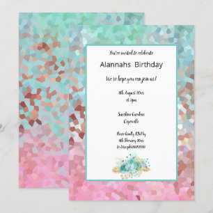 Pixelated Dream Aqua Floral Birthday Invitation