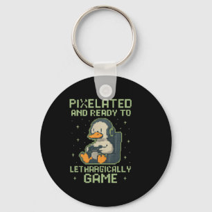 Pixelated Gamer Duck Retro 8-bit Gaming Parody Des Keychain