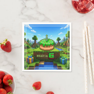Pixelated Gamer Green Building Folded 6th Birthday Napkin