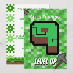 Pixelated Gamer Green Building Level Up 9 Invitation