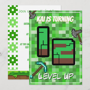 Pixelated Gamer Green Level Up 12th Birthday Invitation