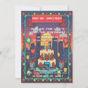 Pixelated gamer Level-Up Birthday Invitation