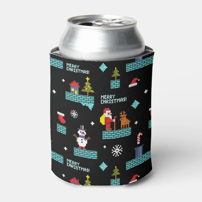 Pixelated Merry Christmas Pattern - Retro Design Can Cooler (Can Front)