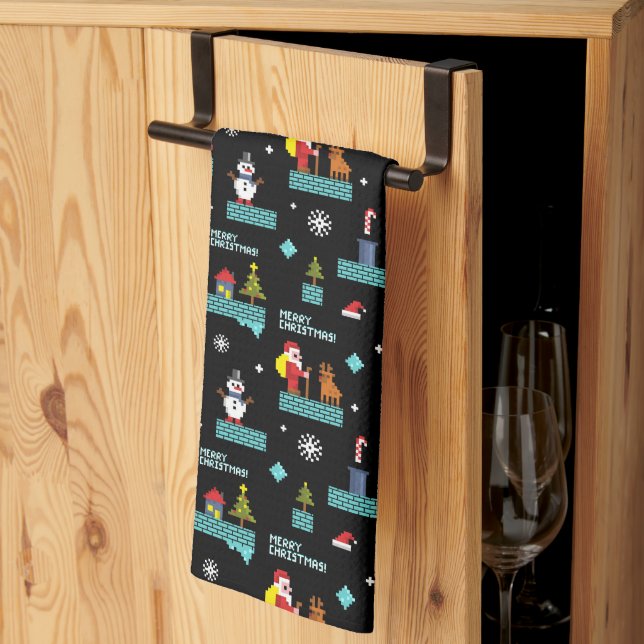 Pixelated Merry Christmas Pattern - Retro Design Kitchen Towel (Thirds Fold)