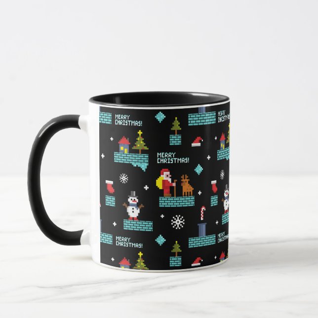 Pixelated Merry Christmas Pattern - Retro Design Mug (Left)