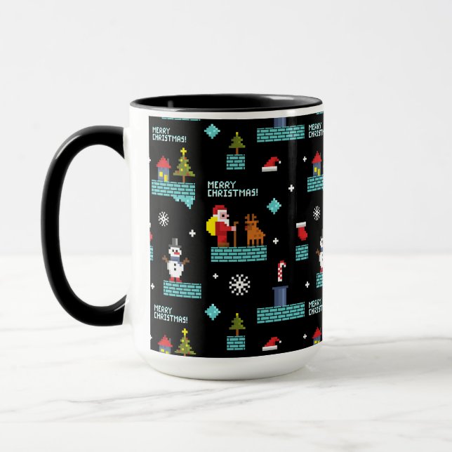 Pixelated Merry Christmas Pattern - Retro Design Mug (Left)