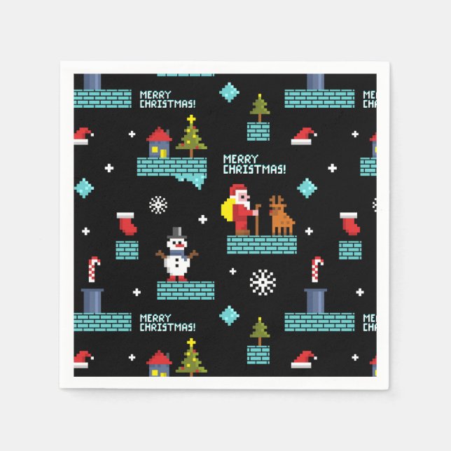 Pixelated Merry Christmas Pattern - Retro Design Napkin (Front)