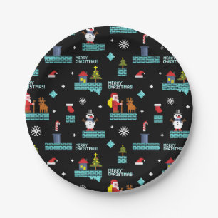 Pixelated Merry Christmas Pattern - Retro Design Paper Plate