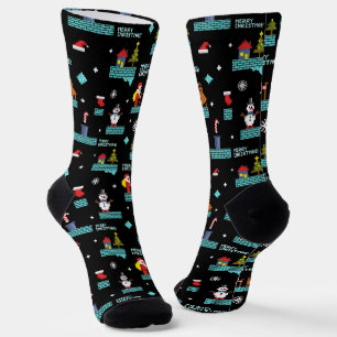 Pixelated Merry Christmas Pattern - Retro Design Socks