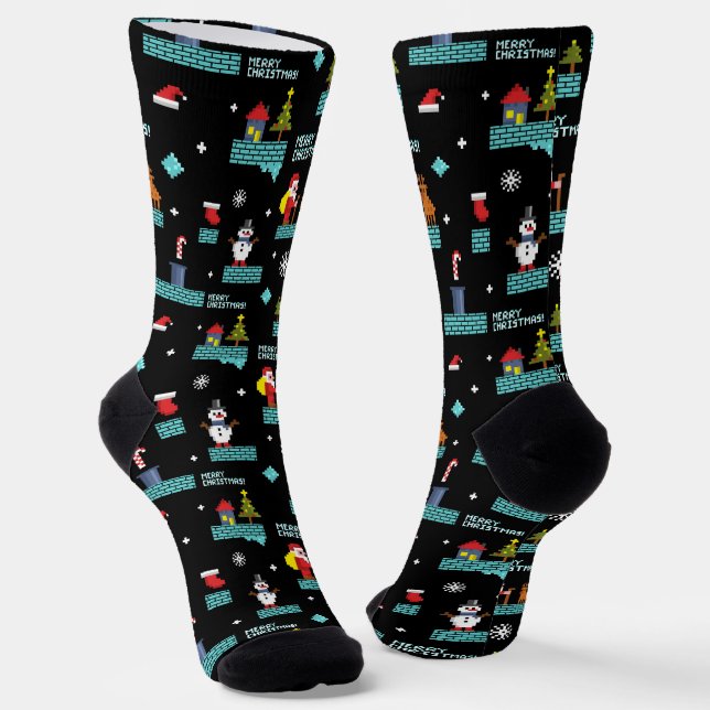 Pixelated Merry Christmas Pattern - Retro Design Socks (Angled)