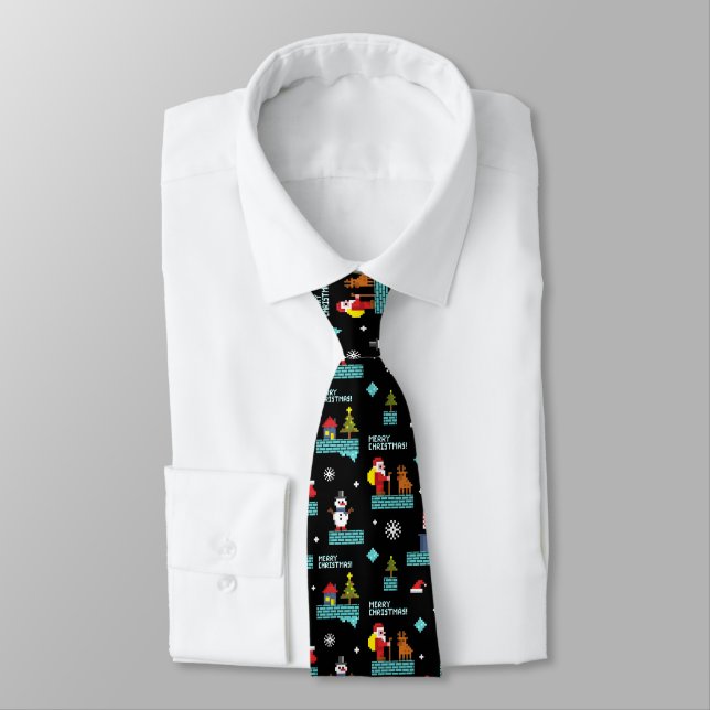 Pixelated Merry Christmas Pattern - Retro Design Tie (Tied)