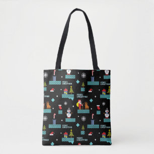 Pixelated Merry Christmas Pattern - Retro Design Tote Bag