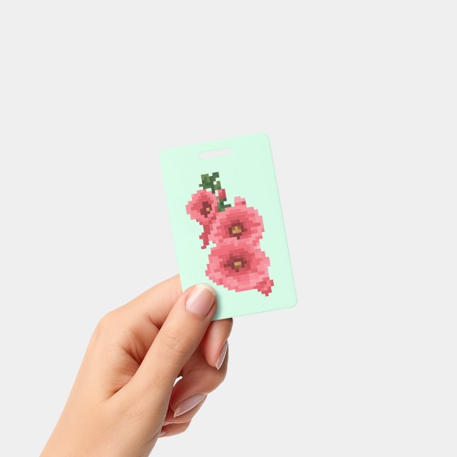Pixelated Pink Hollyhock Flower Badge (Handheld)