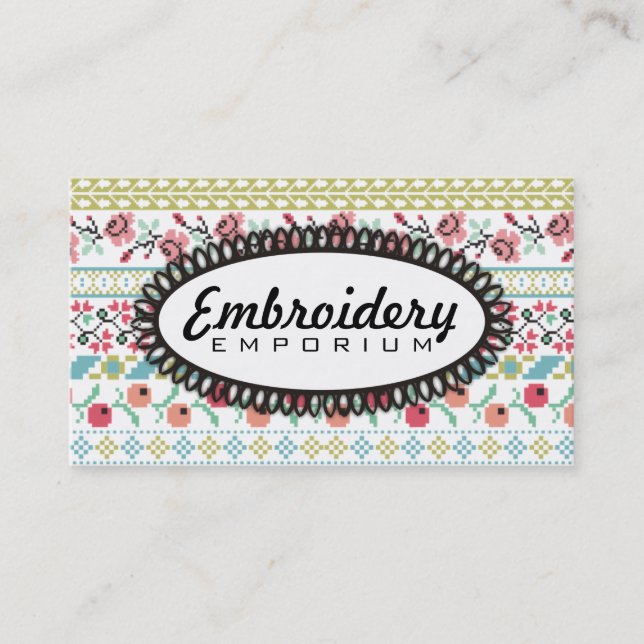 Pixelated pixel art embroidery flowers pink mint business card (Front)