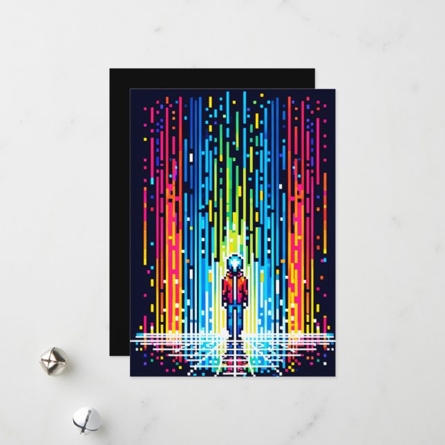 Pixelated Rain of Solace - Retro Digital Art Holiday Card (Front/Back In Situ)