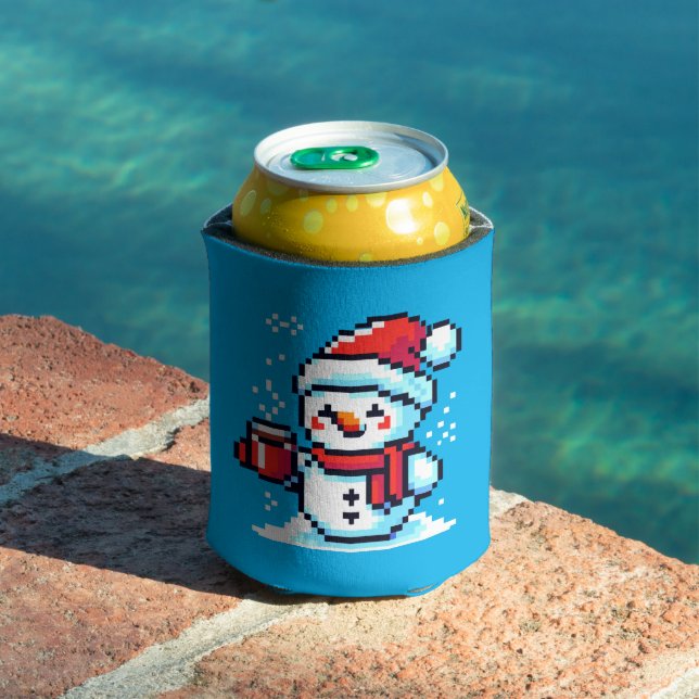 Pixelated Snowman with Coffee - Winter Holiday Art Can Cooler (In Situ Pool)