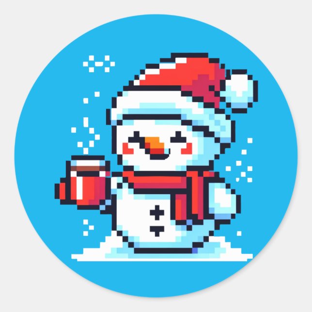 Pixelated Snowman with Coffee - Winter Holiday Art Classic Round Sticker (Front)