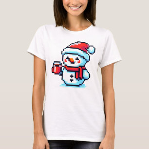 Pixelated Snowman with Coffee - Winter Holiday Art T-Shirt