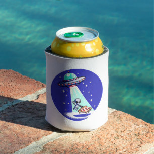 Pixelated UFO Pizza Adventure - Alien Art Can Cooler