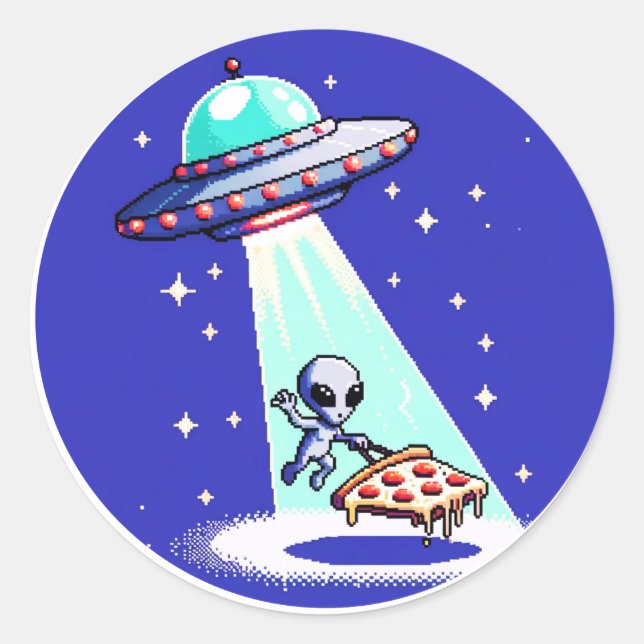 Pixelated UFO Pizza Adventure - Alien Art Classic Round Sticker (Front)