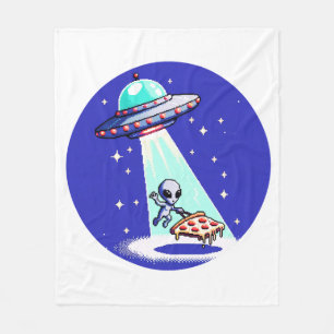 Pixelated UFO Pizza Adventure - Alien Art Fleece Blanket