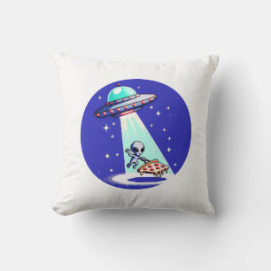 Pixelated UFO Pizza Adventure - Alien Art Throw Pillow
