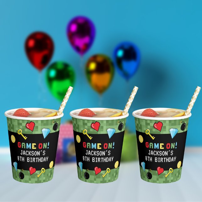 Pixels Arcade Game Level Up Kids Birthday Paper Cups (Creator Uploaded)