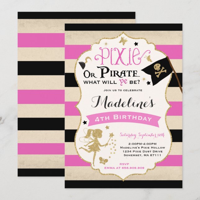Pixie And Pirate Birthday Invitation Fairy Pirate (Front/Back)