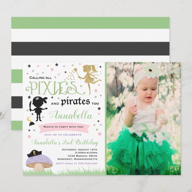 Pixie And Pirate Birthday Invitation Fairy Pirate (Front/Back)