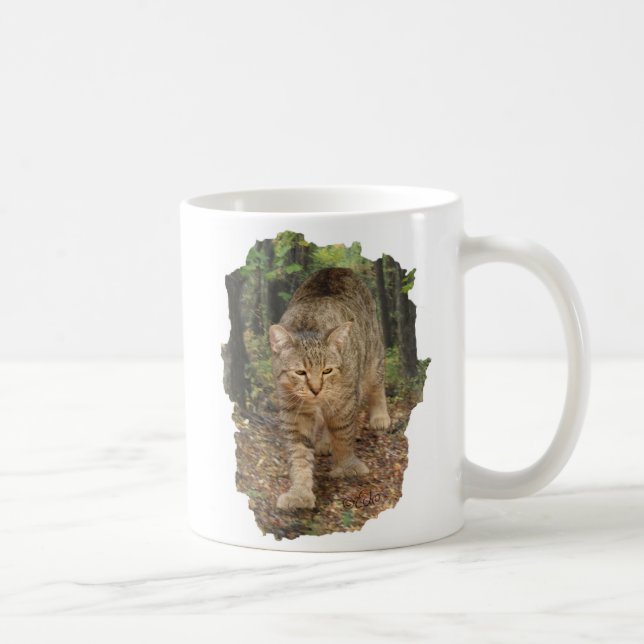 Pixie Bob cat walking in woods Coffee Mug (Right)