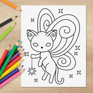 Pixie Cat - Fairy Wings Kitty Colouring Page Rubber Stamp