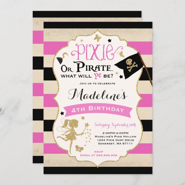 Pixie Et Pirate Invitation D'Anniversaire Pirate F (Devant / Derrière)