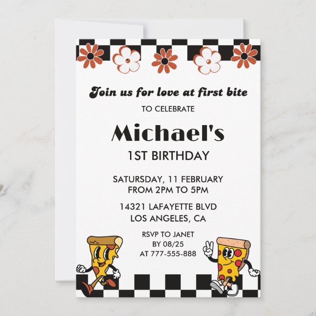 Pizza 1st Birthday Invitations| Retro Pizza Party Invitation (Front)