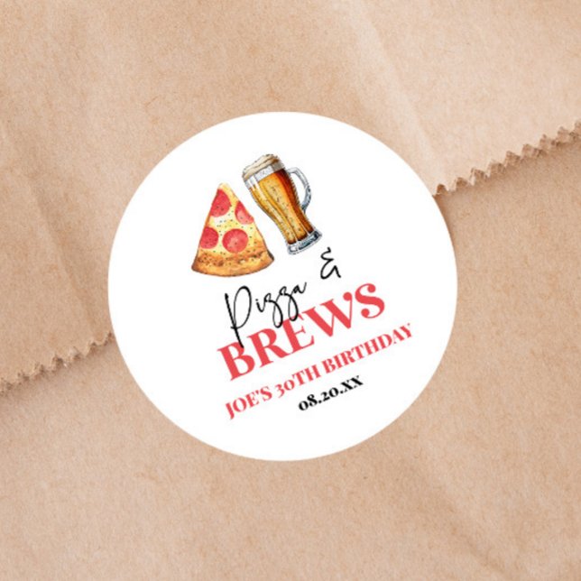 Pizza and Brews Beer Glass Birthday Party Classic Round Sticker (Creator Uploaded)