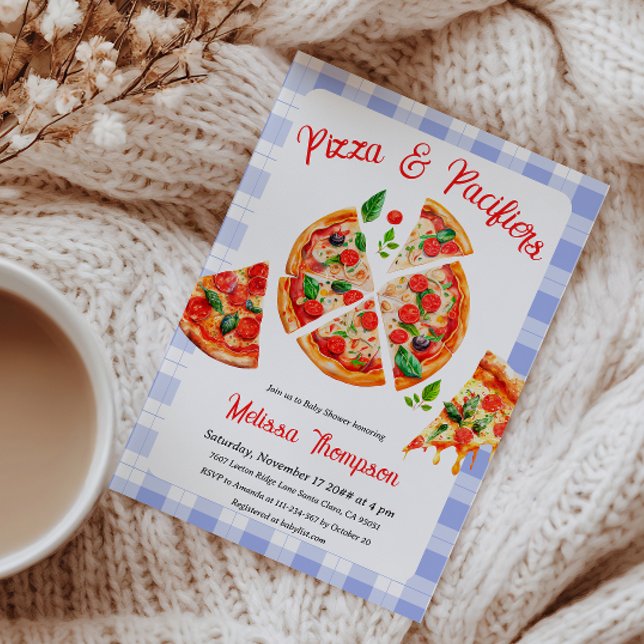 Pizza and Pacifiers Blue Plaid Baby Shower Party Invitation (Creator Uploaded)