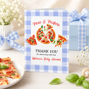 Pizza and Pacifiers Boy Blue Gingham Baby Shower Thank You Card