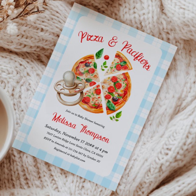 Pizza and Pacifiers Party Blue Plaid Baby Shower Invitation (Creator Uploaded)