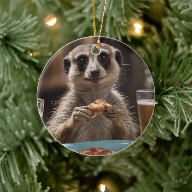 "Pizza and Pints: A Meerkat’s Perfect Snack Break" Ceramic Ornament (Tree)