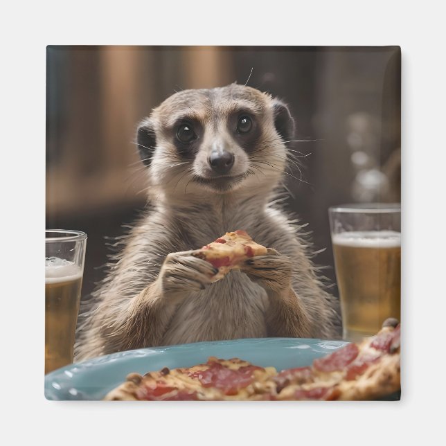 "Pizza and Pints: A Meerkat’s Perfect Snack Break" Magnet (Front)