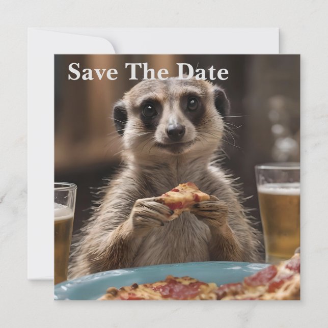 "Pizza and Pints: A Meerkat’s Perfect Snack Break" Save The Date (Front)