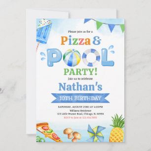  Pizza and Pool Birthday Party Invitation