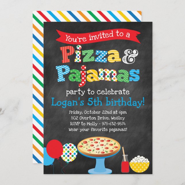 Pizza and Pyjamas Party Chalkboard Invitation (Front/Back)