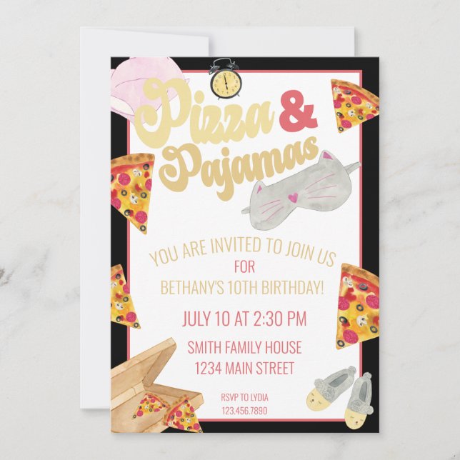 Pizza and Pyjamas Slumber Party Sleepover Birthday Invitation (Front)